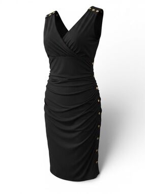 Cache Black Ruched Midi Dress Gold Button Detail Sleeveless Size M